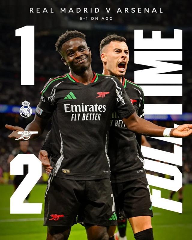 【欧冠】萨卡马丁内利破门，阿森纳总分5比1双杀皇马